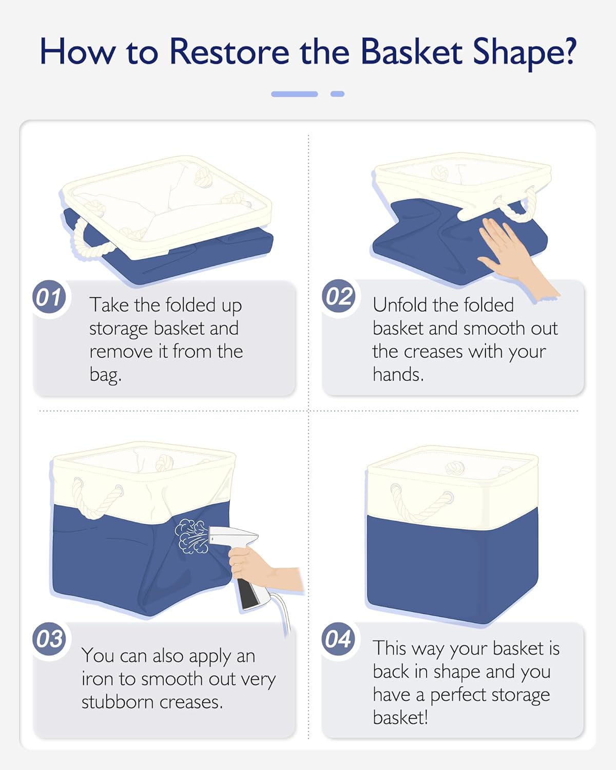 11 Inch Cube Storage Bins, 6 Pack Fabric Storage Cubes with Rope Handles, Organizer Baskets for Closet Shelves, Clothes and Home Organization(White/Blue)